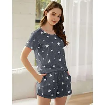 Ekouaer Womens Pajama Set Cute Short Sleeve Star Print Tee and Short Pajama Pants Sleepwear(Dark Grey White Star, Large)