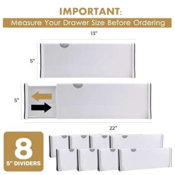 RAPTUROUS Deep Drawer Dividers 8 Pack, 5 Inch Tall, 13-22 Inch Long Expandable, Adjustable Drawer Organizer for Clothing, Dresser, Kitchen, Strong Hold, Soft Foam Edges, White