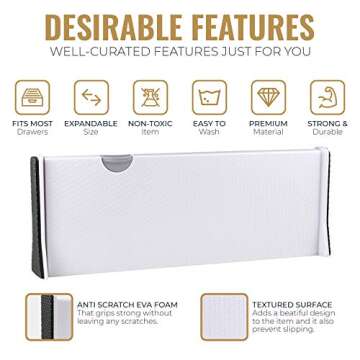 RAPTUROUS Deep Drawer Dividers 8 Pack, 5 Inch Tall, 13-22 Inch Long Expandable, Adjustable Drawer Organizer for Clothing, Dresser, Kitchen, Strong Hold, Soft Foam Edges, White