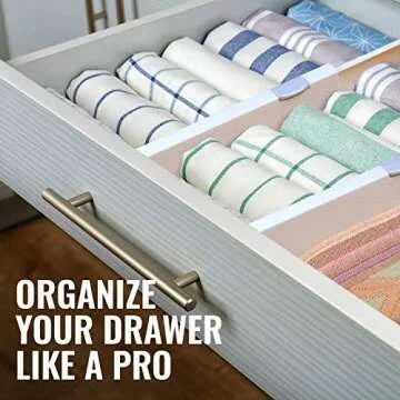 RAPTUROUS Deep Drawer Dividers 8 Pack, 5 Inch Tall, 13-22 Inch Long Expandable, Adjustable Drawer Organizer for Clothing, Dresser, Kitchen, Strong Hold, Soft Foam Edges, White
