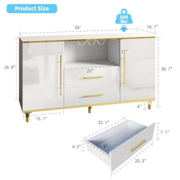 ONBRILL Buffet Cabinet, 55" Kitchen Sideboard Cabinet with 2 Drawers and Wine Glass Holder, High Glo...