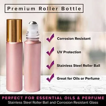 Rose Gold Ultimate Essential Oil Roller Bottles Set with Stainless Steel Balls, 8 Pack 10ml Leakproof Glass Bottle with 9 Rollerballs for Perfume & Aromatherapy Oils 1 Funnel + Opener & 192 Labels