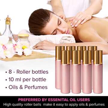 Rose Gold Ultimate Essential Oil Roller Bottles Set with Stainless Steel Balls, 8 Pack 10ml Leakproof Glass Bottle with 9 Rollerballs for Perfume & Aromatherapy Oils 1 Funnel + Opener & 192 Labels