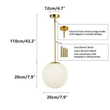 EFINEHOME Globe Pendant, Matte White Glass with Brass Finish, One Light Pendant Lighting for Kitchen...