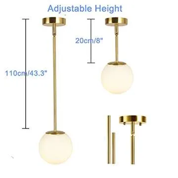 EFINEHOME Globe Pendant, Matte White Glass with Brass Finish, One Light Pendant Lighting for Kitchen Island Lighting Fixture (20cm/ 8inch Lampshade)