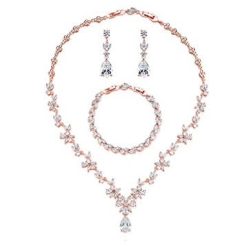 GULICX Wedding Jewelry for Bride, Rose Gold Plated Bridal Necklace Earrings Bracelet Set with Clear ...