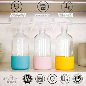 Just Like Joan Glass Spray Bottles 16 oz with Silicone Sleeve - Clear Glass Spray Bottles for Cleaning Solutions, Essential Oils, Plants, Vinegar - Refillable - Food Safe (Ocean Turquoise)