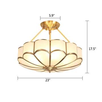 HAOREBAIYU 23inch Pendant Light, 6-Light Semi Flush Mount Ceiling Light with Glass Lampshade, Gold Vintage Chandeliers Light Fixture for Bedroom Dining Living Room Entryway Foyer