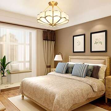 HAOREBAIYU 23inch Pendant Light, 6-Light Semi Flush Mount Ceiling Light with Glass Lampshade, Gold Vintage Chandeliers Light Fixture for Bedroom Dining Living Room Entryway Foyer