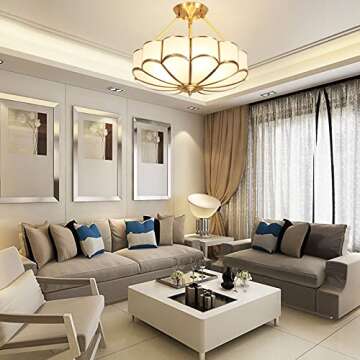 HAOREBAIYU 23inch Pendant Light, 6-Light Semi Flush Mount Ceiling Light with Glass Lampshade, Gold Vintage Chandeliers Light Fixture for Bedroom Dining Living Room Entryway Foyer