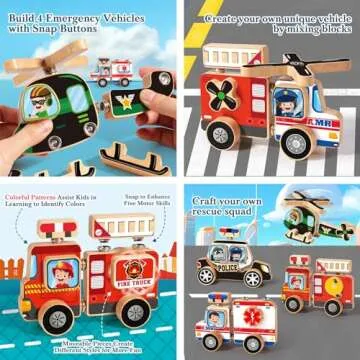 HUZU Emergency Vehicles 3D Puzzle Toy, Rescue Squad Wooden Snap Button Connection Building Blocks for Kids 3-8, Fire Truck Ambulance Police Car Helicopter Montessori Gifts for Preschool Children