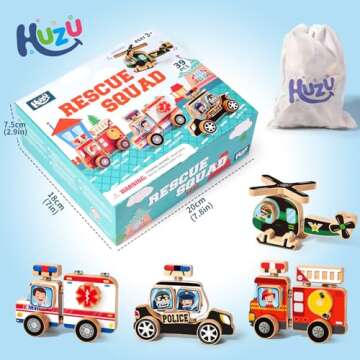 HUZU Emergency Vehicles 3D Puzzle Toy, Rescue Squad Wooden Snap Button Connection Building Blocks for Kids 3-8, Fire Truck Ambulance Police Car Helicopter Montessori Gifts for Preschool Children