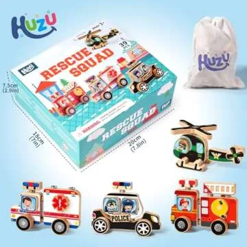 HUZU Emergency Vehicles 3D Puzzle Toy, Rescue Squad Wooden Snap Button Connection Building Blocks for Kids 3-8, Fire Truck Ambulance Police Car Helicopter Montessori Gifts for Preschool Children