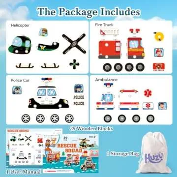 HUZU Emergency Vehicles 3D Puzzle Toy, Rescue Squad Wooden Snap Button Connection Building Blocks for Kids 3-8, Fire Truck Ambulance Police Car Helicopter Montessori Gifts for Preschool Children