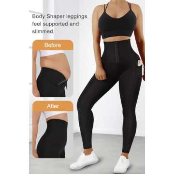 MOOSLOVER Women Corset High Waisted Leggings with Pockets Tummy Control Body Shaper Yoga Pants(S,Bla...