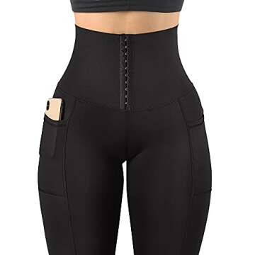 MOOSLOVER Women Corset High Waisted Leggings with Pockets Tummy Control Body Shaper Yoga Pants(S,Black)