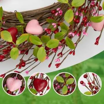 J'FLORU Valentine's Day Wreaths for Front Door 20 Inch Valentines Day Wreath Valentine Door Wreath with Pink Red Hearts and Berries Valentines Day Gifts Anniversary Wedding Decorations