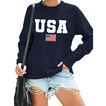 LAZYCHILD USA Sweatshirt Women American Flag Shirt Patriotic TShirt Stars Stripes Sweatshirt 4th of July Tee Tops Navy