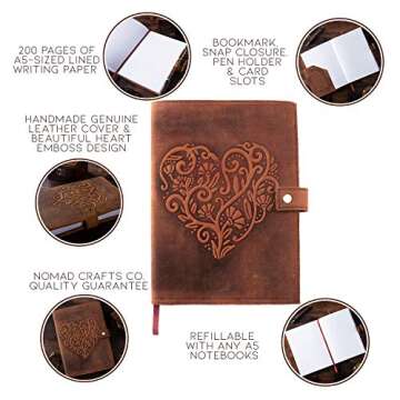 Leather Journal For Women - Refillable Handmade Leather Bound Journal with Lined Paper, Embossed Hea...