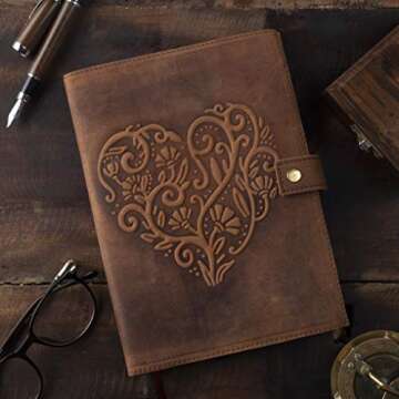 Leather Journal For Women - Refillable Handmade Leather Bound Journal with Lined Paper, Embossed Heart, 200 Pages for Daily Writing, Travel Journal, Diary Notebook
