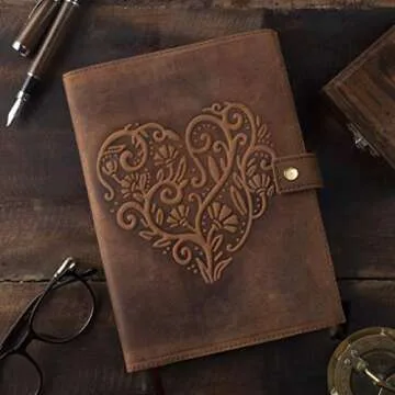 Leather Journal For Women - Refillable Handmade Leather Bound Journal with Lined Paper, Embossed Heart, 200 Pages for Daily Writing, Travel Journal, Diary Notebook