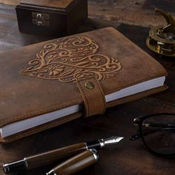 Leather Journal For Women - Refillable Handmade Leather Bound Journal with Lined Paper, Embossed Heart, 200 Pages for Daily Writing, Travel Journal, Diary Notebook