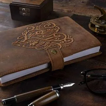 Leather Journal For Women - Refillable Handmade Leather Bound Journal with Lined Paper, Embossed Heart, 200 Pages for Daily Writing, Travel Journal, Diary Notebook