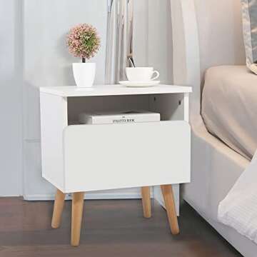 Solid Wood Bed Side End Table Beside Table with Sturdy Storage Cabinet, Modern Elegant Nightstand Organizer Home Furniture for Livingroom Bedroom w/Drawer Storage Shelf, White