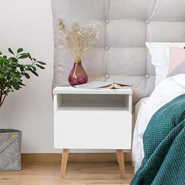 Solid Wood Bed Side End Table Beside Table with Sturdy Storage Cabinet, Modern Elegant Nightstand Organizer Home Furniture for Livingroom Bedroom w/Drawer Storage Shelf, White