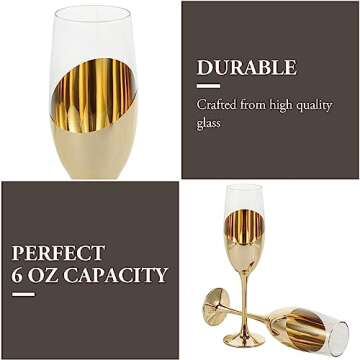 MyGift 6 oz Modern Brass Tone Metallic Plated Stemmed Champagne Flutes, Sparkling Wine Stemware, Wed...