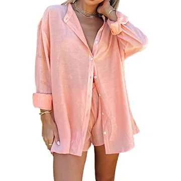 RUEWEY Women 2 Piece Tracksuit Casual Outfits Button Down Shirt Cardigan Tops + Elastic Waist Lounge Shorts Set (S, Orange)