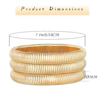 Nacynacy Gold Bangle Bracelets for Women 18K Gold Plated Stainless Steel Chunky Stretchy Bracelets Set of 3 Flexible Wide Wristband Layered Snake Chain Bracelets Jewelry Gifts for Women