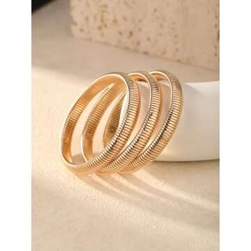 Nacynacy Gold Bangle Bracelets for Women 18K Gold Plated Stainless Steel Chunky Stretchy Bracelets Set of 3 Flexible Wide Wristband Layered Snake Chain Bracelets Jewelry Gifts for Women