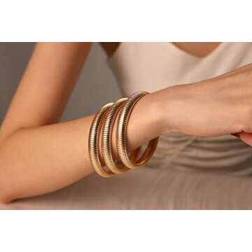 Nacynacy Gold Bangle Bracelets for Women 18K Gold Plated Stainless Steel Chunky Stretchy Bracelets Set of 3 Flexible Wide Wristband Layered Snake Chain Bracelets Jewelry Gifts for Women