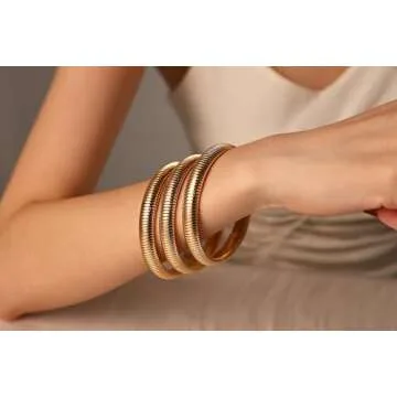 Nacynacy Gold Bangle Bracelets for Women 18K Gold Plated Stainless Steel Chunky Stretchy Bracelets Set of 3 Flexible Wide Wristband Layered Snake Chain Bracelets Jewelry Gifts for Women