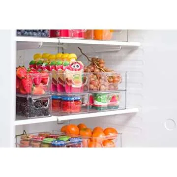 Set Of 6 Refrigerator Organizer Bins - Stackable Fridge Organizers with Cutout Handles for Freezer, Kitchen, Countertops, Cabinets - Clear Plastic Pantry Food Storage Rack