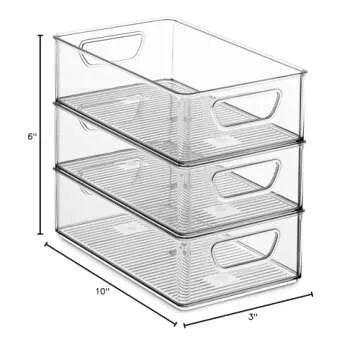 Set Of 6 Refrigerator Organizer Bins - Stackable Fridge Organizers with Cutout Handles for Freezer, Kitchen, Countertops, Cabinets - Clear Plastic Pantry Food Storage Rack