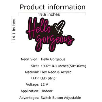 FARNEW Hello Gorgeous Neon Sign Light Wall Art Gifts,Neon Sign Wall Art,Neon Sign Wall Decorations Bar Pub Club Rave Apartment Home Decor Party Christmas Decor