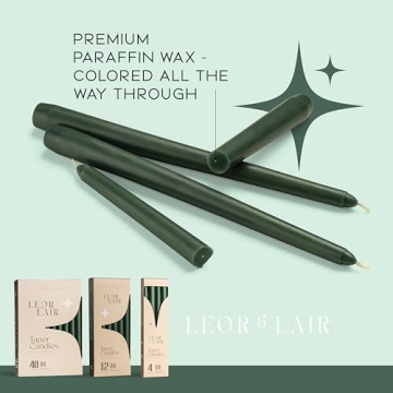 Leor & Lair Green Taper Candles - 12 Pack 10" Green Candlesticks for Christmas - Unscented Long Burning Candle Sticks for Spring, Home Decor, Dinner, Holidays, Weddings & Events