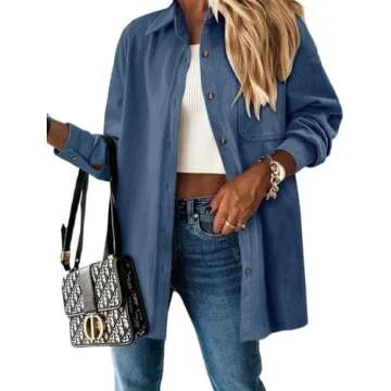 Magritta Womens Roll Up Shacket Jacket with Bust Pockets Spring Cozy Corduroy Oversized Collared Button Down Long Sleeve V Neck Blouse Shirt Blue Large