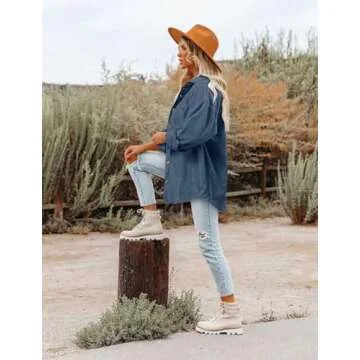 Magritta Womens Roll Up Shacket Jacket with Bust Pockets Spring Cozy Corduroy Oversized Collared Button Down Long Sleeve V Neck Blouse Shirt Blue Large