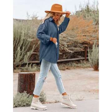 Magritta Womens Roll Up Shacket Jacket with Bust Pockets Spring Cozy Corduroy Oversized Collared Button Down Long Sleeve V Neck Blouse Shirt Blue Large