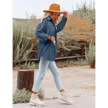 Magritta Womens Roll Up Shacket Jacket with Bust Pockets Spring Cozy Corduroy Oversized Collared Button Down Long Sleeve V Neck Blouse Shirt Blue Large