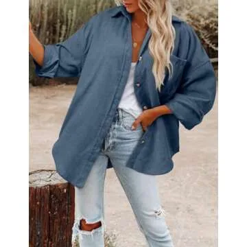 Magritta Womens Roll Up Shacket Jacket with Bust Pockets Spring Cozy Corduroy Oversized Collared Button Down Long Sleeve V Neck Blouse Shirt Blue Large
