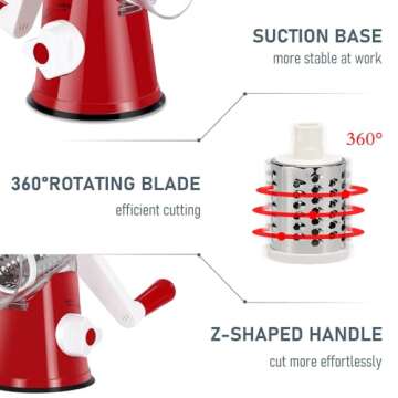 KEOUKE Rotary Cheese Grater with Handle Vegetable Cheese Shredder Slicer Grater for Kitchen 3 Changeable Blades for Cheese Potato Zucchini Nuts Chocolate - Red