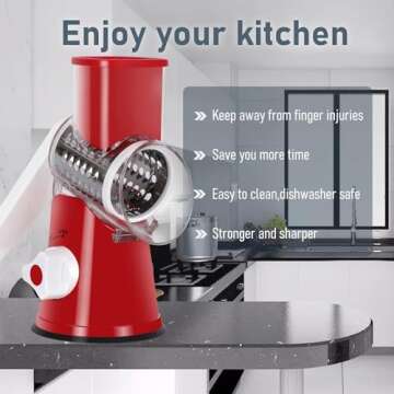KEOUKE Rotary Cheese Grater with Handle Vegetable Cheese Shredder Slicer Grater for Kitchen 3 Changeable Blades for Cheese Potato Zucchini Nuts Chocolate - Red