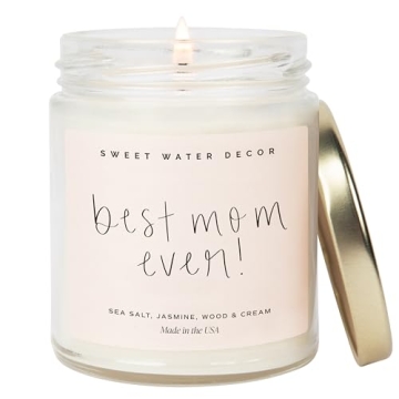 Sweet Water Decor, Best Mom Ever Candle - Sea Salt, Jasmine, Cream, and Wood Scented Soy Wax Candle ...