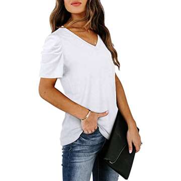 LCXWFE Womens Casual V Neck T Shirt Puff Sleeve Tops Ruched Elegant Summer Shirts