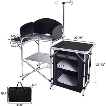 CAMP SOLUTIONS Folding Cooking Table Outdoor Portable Cook Station Aluminum Camping Kitchen with Storage Organizer, Windscreen, Hooks for BBQ, Party (Black)