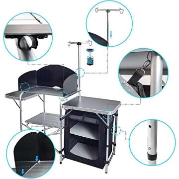 CAMP SOLUTIONS Folding Cooking Table Outdoor Portable Cook Station Aluminum Camping Kitchen with Storage Organizer, Windscreen, Hooks for BBQ, Party (Black)